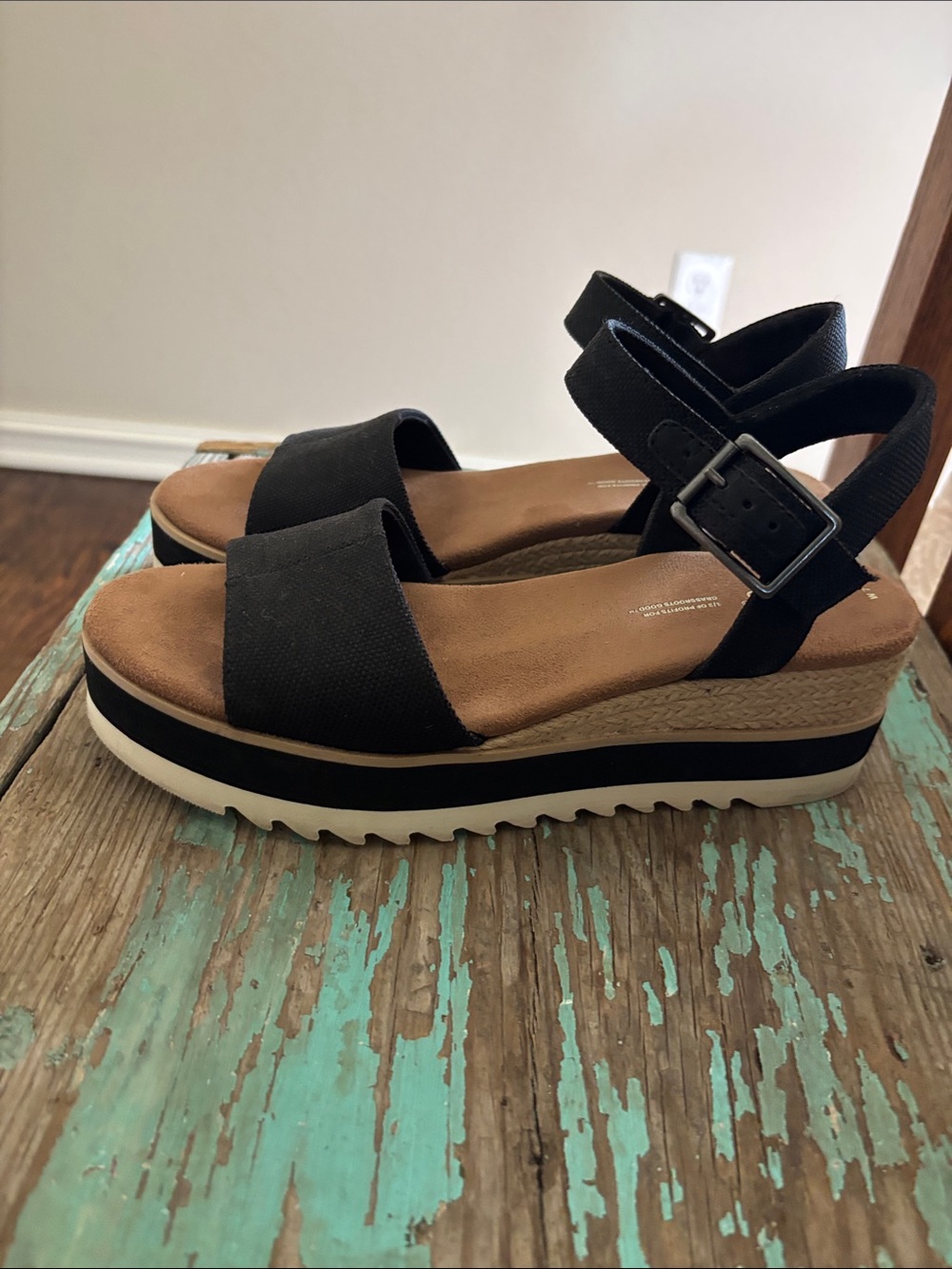 Toms Black and Tan Platform Espadrille Sandals